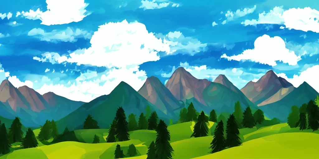 Prompt: digital drawing of mountains in a sunny day, clouds, blue sky, forest
