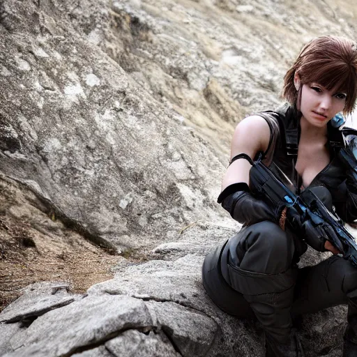 Image similar to quiet from metal gear solid, crouching near a cliff, photo, ambient light,