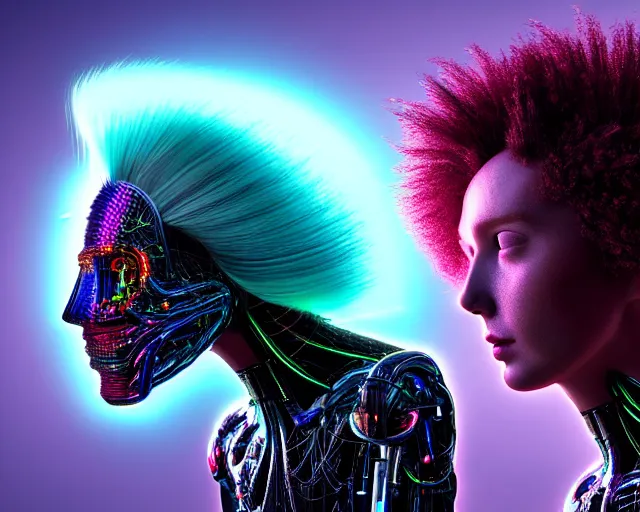 Image similar to glowing hair, complex cybernetic beings, beautiful hairy humanoids, cybermagnetosphere, cybernetic civilizations, ornate hair, love, joy, vortexes, large arrays, data holograms, 8 k, cinematic light shadows, wet hdr refractions, *, * * *, * * * * *