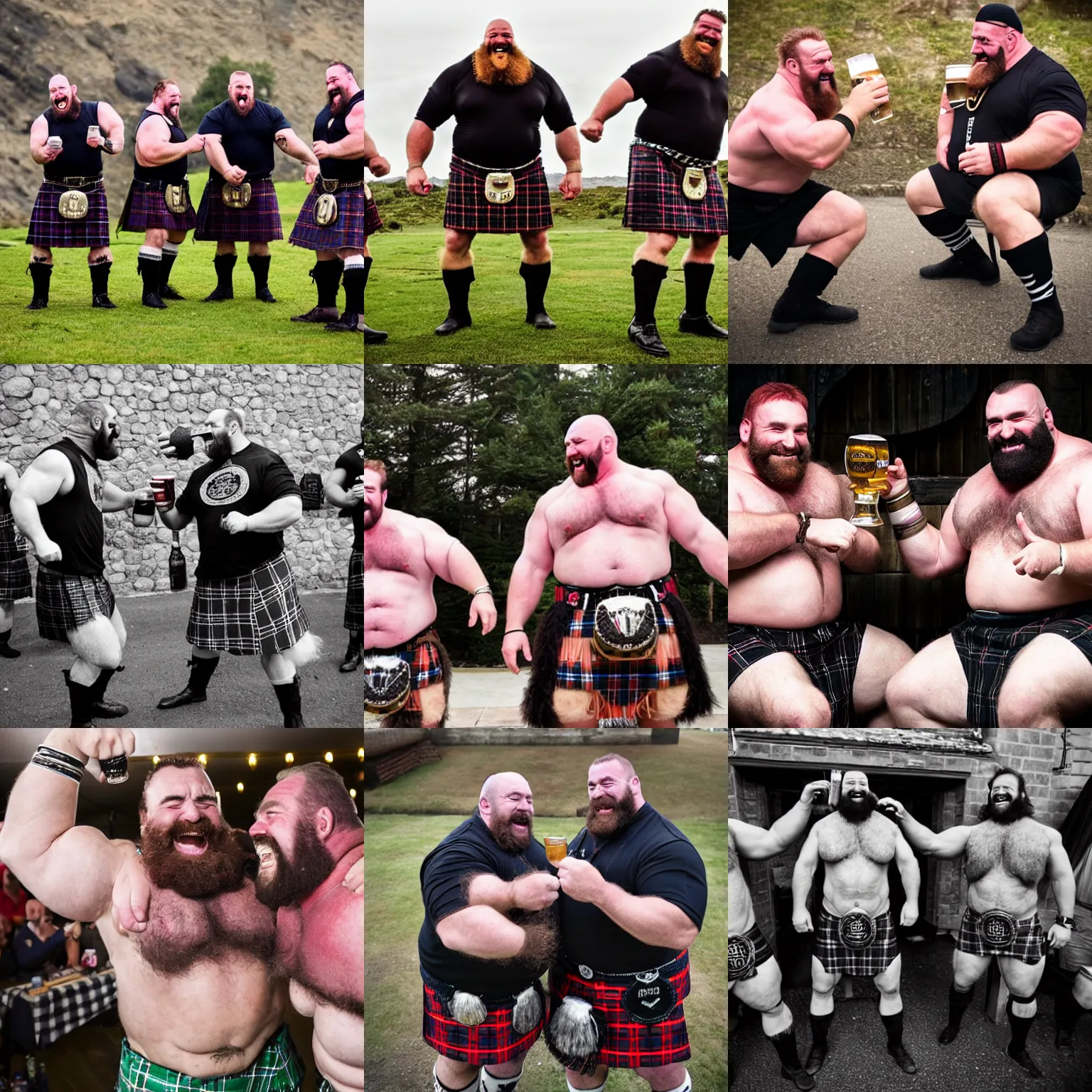 Prompt: big burly hairy scottish strongmen in kilts drinking beer and laughing together, photography.