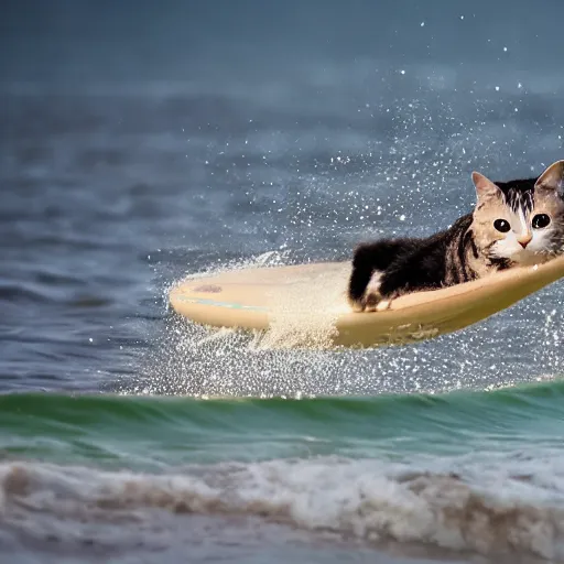 Image similar to an anthropomorphism cat by designed wayne westwood surfing a mega wave, photo taken from the shore, highly detailed photography, 3 0 0 mm, natural light, bokeh effect