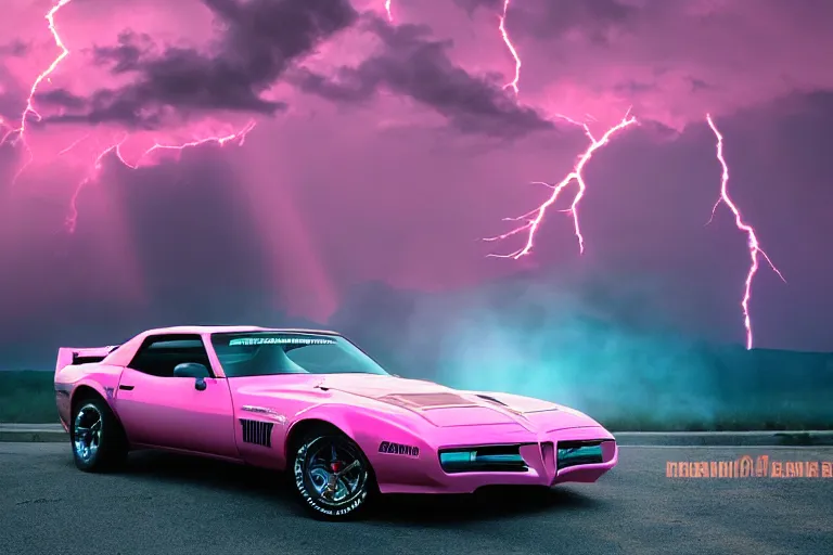 Prompt: pink pontiac firebird trans - am with flames drawn on the chassis, sunrise, cinematic, sunbeams, volumetric lighting, wide shot, low angle, lightning storm hitting the car