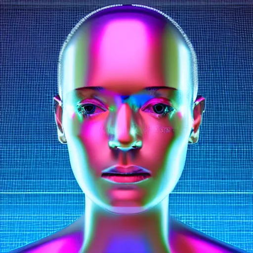 Image similar to 3d render of holographic human robotic head made of glossy iridescent, surrealistic 3d illustration of a human face non-binary, non binary model, 3d model human, cryengine, made of holographic texture, holographic material, holographic rainbow, concept of cyborg and artificial intelligence