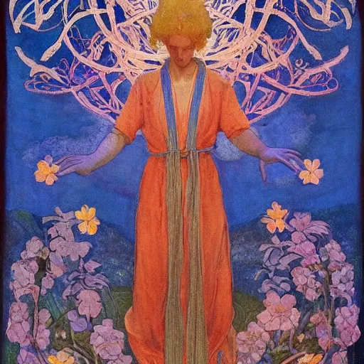 Prompt: the flower prince, by Annie Swynnerton and Nicholas Roerich , embroidered robes, floral tattoos, bioluminescent, elaborate costume, geometric ornament, symbolist, soft colors, dramatic lighting, smooth, sharp focus, extremely detailed