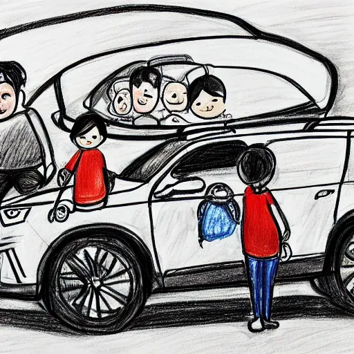 Prompt: a todler's drawing of a family and their suv