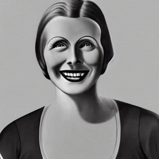 Image similar to a 1 9 2 8 color drawing portrait. calm, happy, healthy, smiling, sporty, young, glowing greta garbo in athletic wear with big smile and healthy teeth. realistic, high quality.