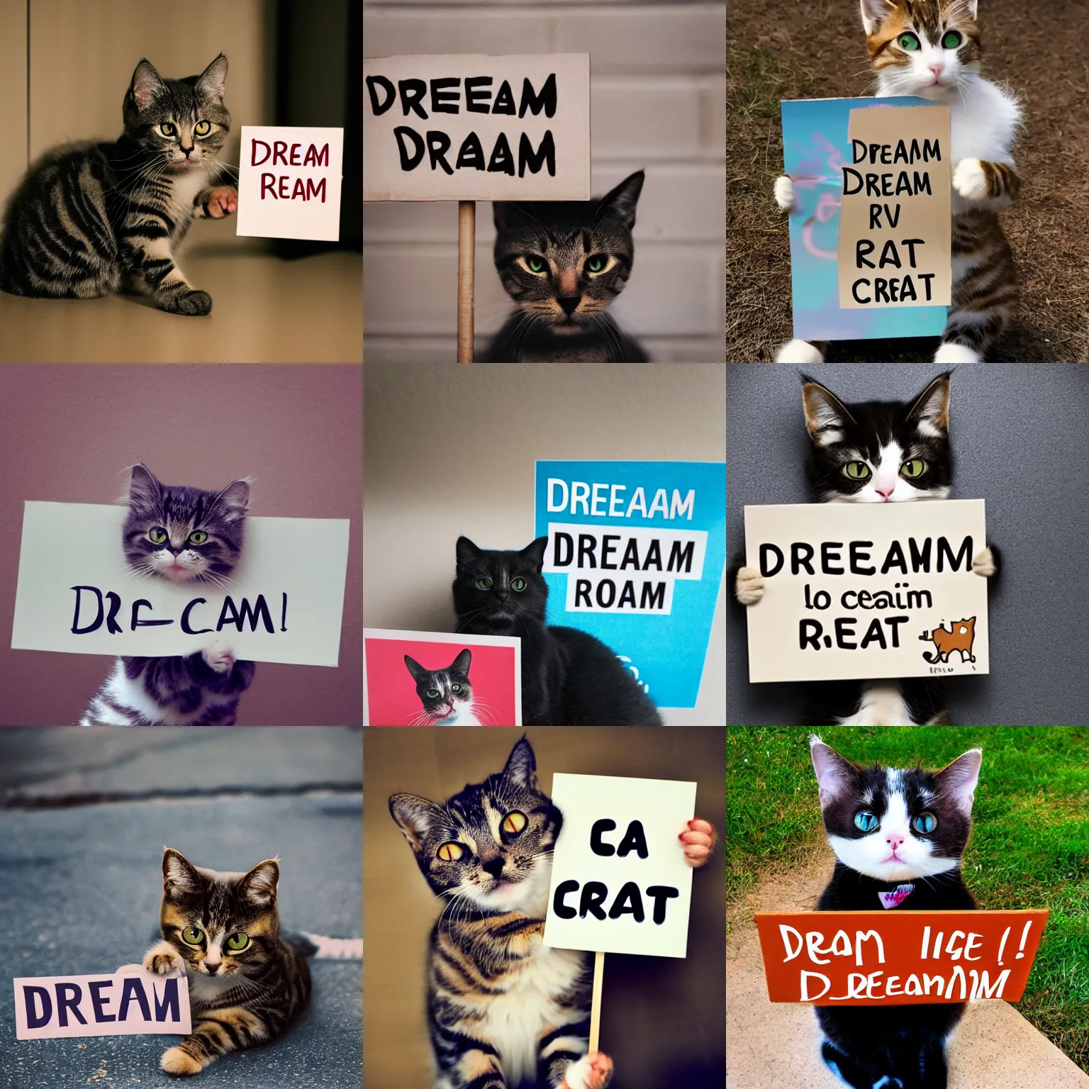 Image similar to realistic high quality photo of a cute cat holding a sign with text that reads : dream cat