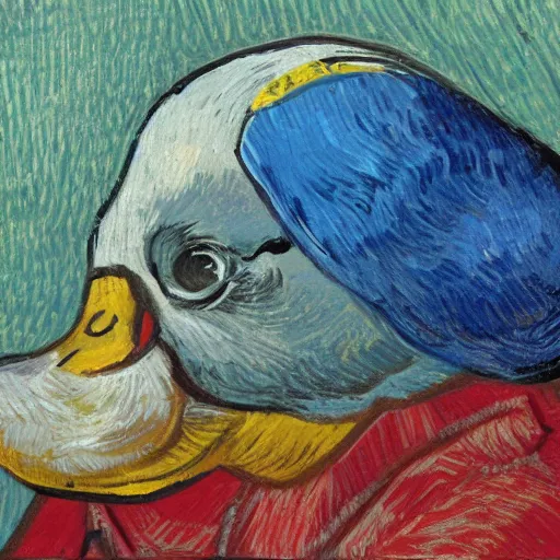 Image similar to A duck with a pearl earring, photorealistic, by Vincent van Gogh, 8k, trending on artstation