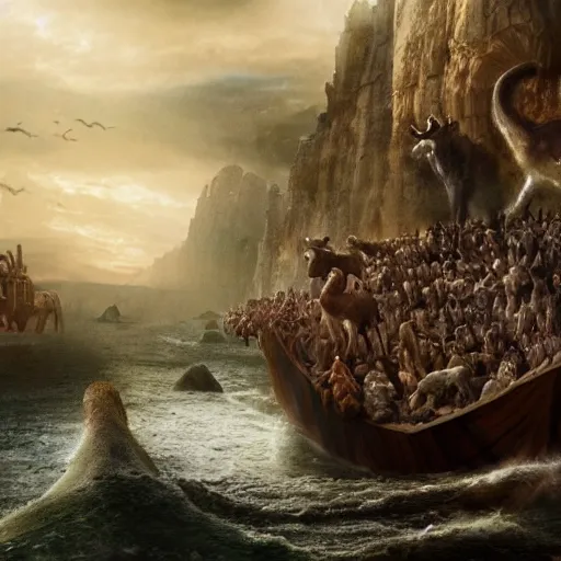 Prompt: an extremely detailed matte painting of the animals leaving noah's ark, 4 k, noah from the bible as a wizard, antediluvian, in the style of epic fantasy