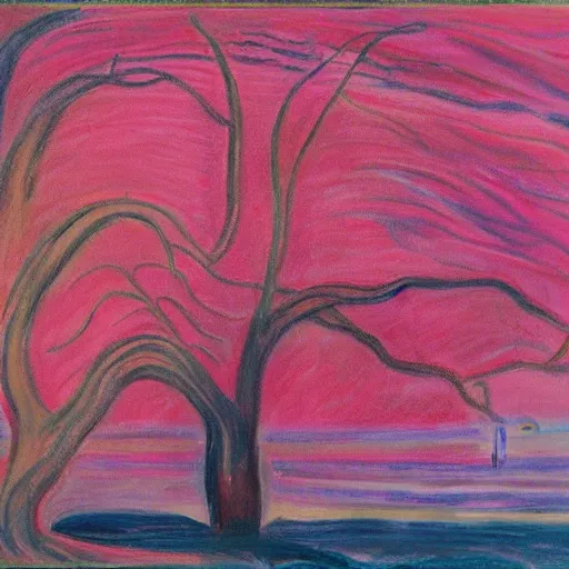 Image similar to Pink tree beside a large lake, landscape in the style of Edvard Munch