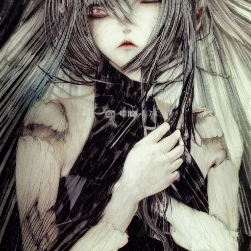 Image similar to Yoshitaka Amano realistic illustration of an anime girl with white hair and cracks on her face wearing dress suit with tie fluttering in the wind, abstract black and white patterns on the background, noisy film grain effect, highly detailed, Renaissance oil painting, weird portrait angle