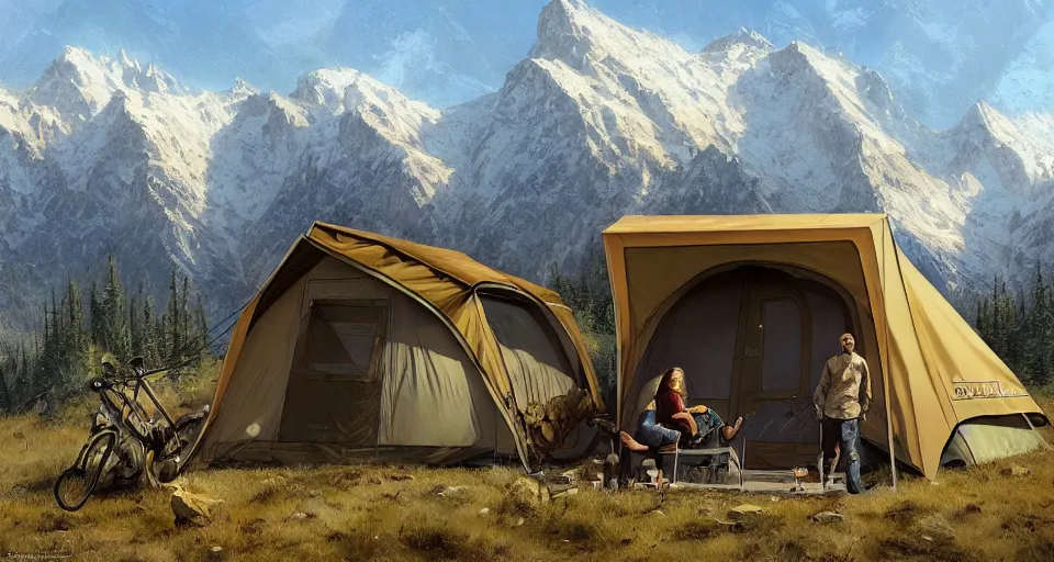 Image similar to cabela's beautiful comfortable carbon framed, modular insulated wall portable container home kit - house all weather family dwelling tent house, person in foreground, mountainous forested wilderness open fields, beautiful views, painterly concept art, environmental concept art, concept art illustration, by james gurney, by craig mullins, by greg rutkowski trending on artstation