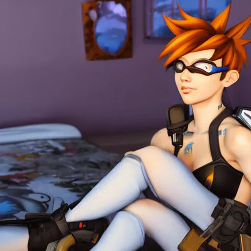 Image similar to Tracer from Overwatch relaxing after a day of hard work