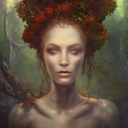 Image similar to cinematic painting, portrait of a dryad, inspired by brian froud, inspired by dungeons and dragons, fey, mysterious, in an evening autumn forest, trending on art station, cinematic sunset evening lighting, ominous shadows by jessica rossier