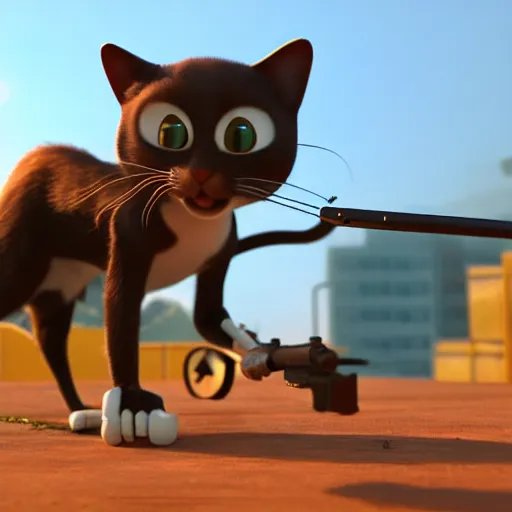 Prompt: an anthropomorphic cat using a sniper rifle to hunt a mouse. pixar. octane renderer.