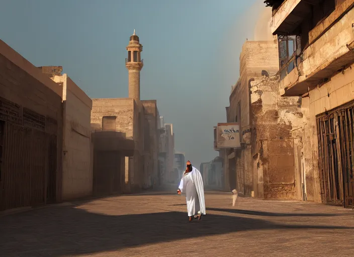 Image similar to old jeddah city alley, roshan, old shops, horse, magical time gate to another dimension, a man wearing a white robe standing watching over, dramatic lighting, dawn, by caspar david friedrich, unreal engine 5