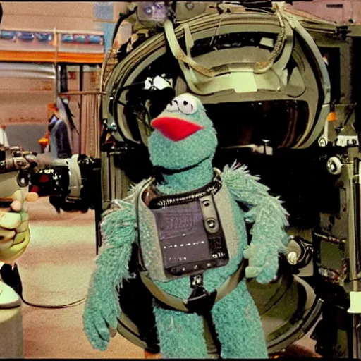 Image similar to the muppet gonzo in a bomb diffusion suit defusing a bomb. action movie scene photograph.