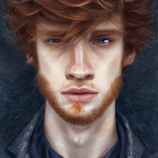 Prompt: 2 4 - year - old man, masculine face, square jaw, ginger hair, dark blue eyes, hyper realistic face, beautiful eyes, highly detailed, digital painting, smooth, sharp, beautiful face, expressive eyes, long fluffy wavy ginger hair, art by greg rutkowski and alex gray