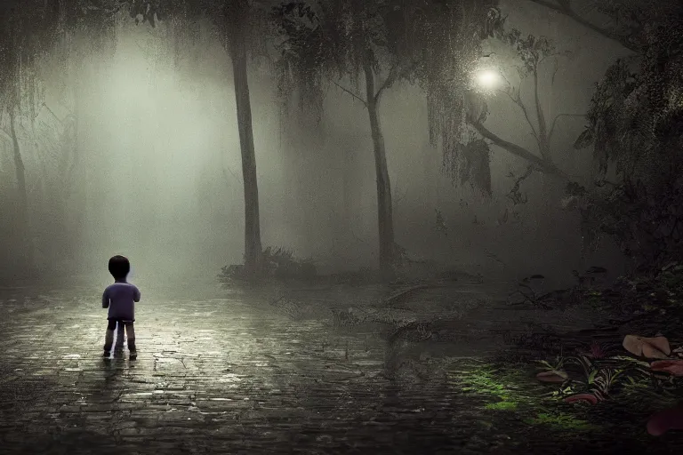 Prompt: a moody scene of a little boy talking with a spirit like a ghost in the middle of a rain forest at night, ultra realistic, style of