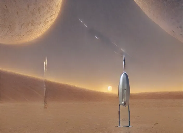 Prompt: a silver vintage and minimalist rocket has landed in a desert, by jean delville and sophie anderson and mandy jurgens, retrofuturism, moody atmosphere, cinematic atmospheric, cinematic lighting, golden ratio, perfect composition, elegant, no crop, extremely detailed, 4 k, hd, sharp focus, masterpiece, trending on artstation