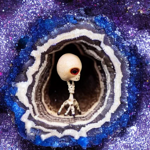 Image similar to photography of a geode with a a small body of an alien skellet inside it