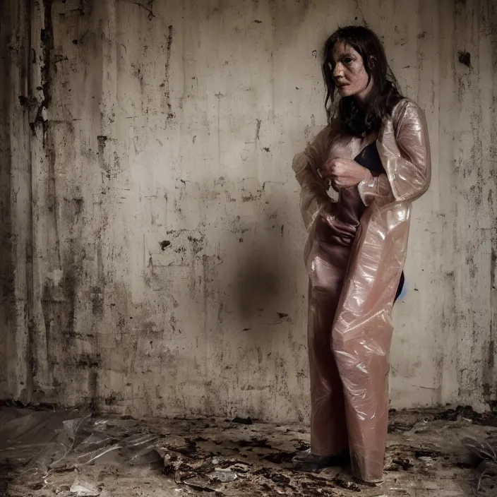 Image similar to closeup portrait of a woman wrapped in plastic, standing in a derelict coffee shop cafe, color photograph, by vincent desiderio, canon eos c 3 0 0, ƒ 1. 8, 3 5 mm, 8 k, medium - format print