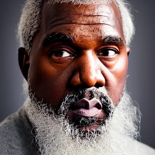 Image similar to the face of gandalf kanye west at 6 6 years old, portrait by julia cameron, chiaroscuro lighting, shallow depth of field, 8 0 mm, f 1. 8