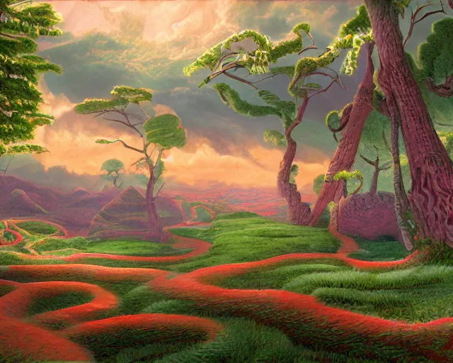 Image similar to Candyland, landscape, highly detailed, painting, in the style of Ted Nasmith