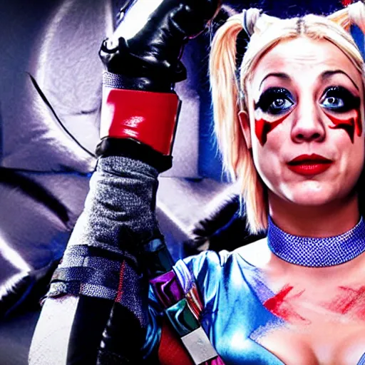 Image similar to A still of Kaley Cuoco as Harley Quinn