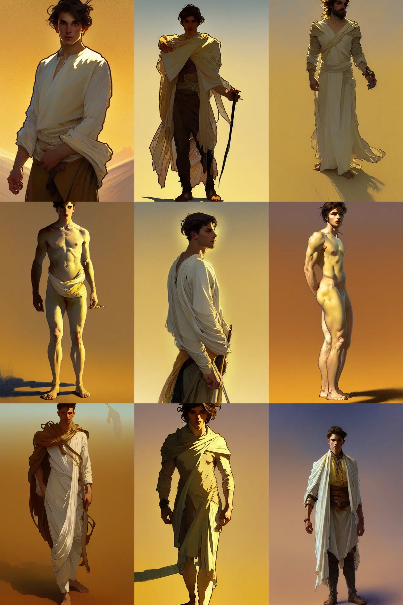 Prompt: full figure young man, luminous scene, by greg rutkowski and alphonse mucha, d & d character, gradient white to gold, in front of a dune desert background, highly detailed portrait, digital painting, artstation, concept art, smooth, sharp focus illustration, artstation hq