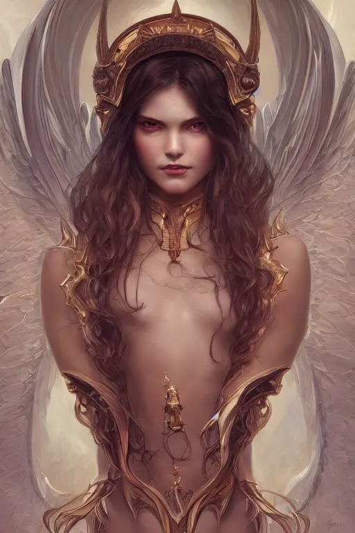 Image similar to portrait of an angelic demon, gates of hell and heaven, godlike, full body, fantasy, intricate, elegant, highly detailed, digital painting, artstation, concept art, sharp focus, illustration, art by artgerm and greg rutkowski and alphonse mucha and ross tran