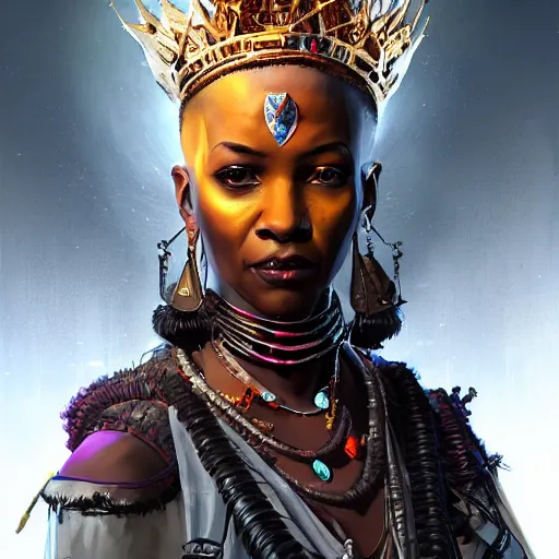 Image similar to a dark and ominous african queen with glowing eyes and a golden crown with a ruby and a black diamond in her forehead, spirits float in the background, Apex Legends character digital illustration portrait design, by android jones and greg rutkowski in a cyberpunk voodoo style, detailed, cinematic lighting, wide angle action dynamic portrait