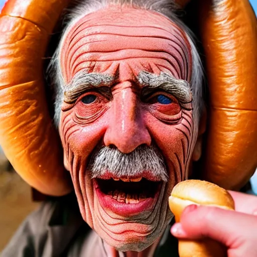 Image similar to Colour Photography of 1000 years old man with highly detailed 1000 years old face, that eating hot-dog in style of Josan Gonzalez