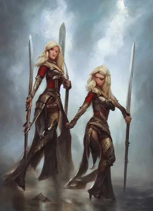 Prompt: female elves carrying two swords, painted by artgerm and tom bagshaw, fantasy art, dramatic lighting, highly detailed oil painting