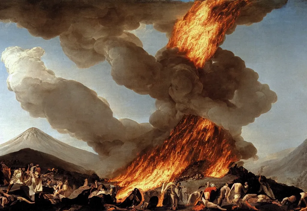 Prompt: eruption of mount vesuvius in 7 9 a. d. destroying pompeii by jacques - louis david, lava explosion, massive smoke clouds, crowd panic, ruins