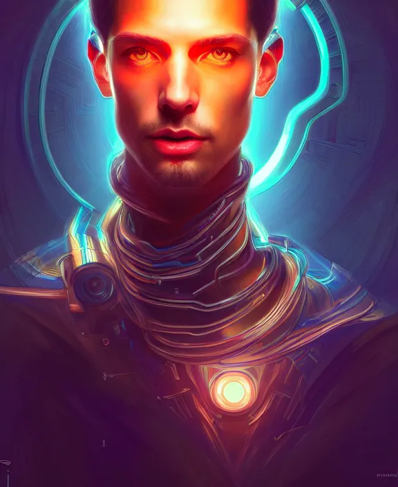 Image similar to a whirlwind inside the metaverse, guy, male, man, hologram, half body, neurochip, android, cyborg, cyberpunk face, by loish, d & d, fantasy, intricate, elegant, highly detailed, colorful, digital painting, artstation, concept art, art by artgerm and greg rutkowski and alphonse mucha