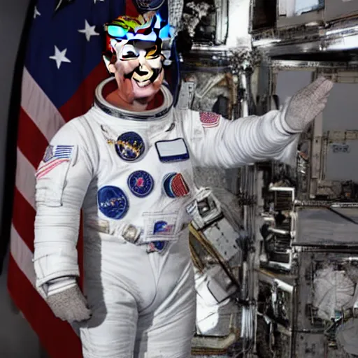 Image similar to donald trump in a space suit, holding an automatic rifle, on board the international space station. Photorealistic