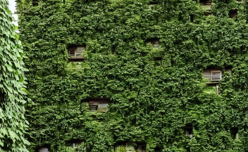 Image similar to a futuristic and overgrown brutalist building in the dolomites overgrown with ivy