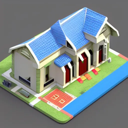 Image similar to chubby cute mobile game house, 1 0 0 mm, 3 d render, isometric, blue background,