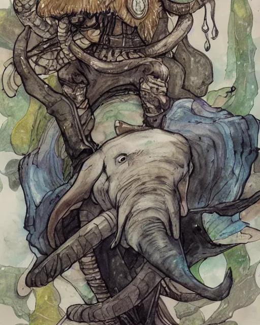 Prompt: Loxodon Druid covered in mushrooms, drawn by Yoji Shinkawa, water color, Dungeons and Dragons, Wizards of the Coast, full shot