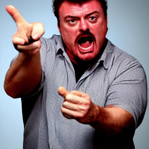 Image similar to robb wells. pointing at the camera, shouting mean words, angry, red faced