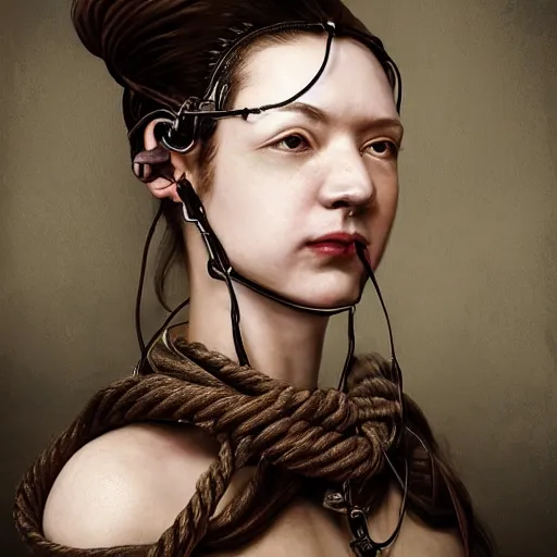 Image similar to portrait of a Shibari rope wrapped around the face and neck of an young female cyborg merchant, mouth wired shut, headshot, insanely nice professional hair style, dramatic hair color, digital painting, of a old 17th century, amber jewels, baroque, ornate clothing, scifi, realistic, hyper detailed, chiaroscuro, concept art, art by Franz Hals and Jon Foster and Ayami Kojima and Amano and Karol Bak,