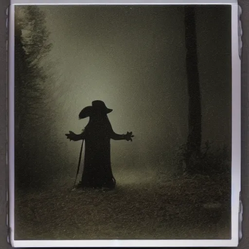 Prompt: polaroid plague doctor staying in front of the anandoned church in the woods, dark, moody, gloomy, foggy