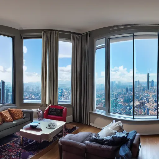 Prompt: cinematic film still of a fancy apartment living room with a stunning view 4k, fish-eye lens