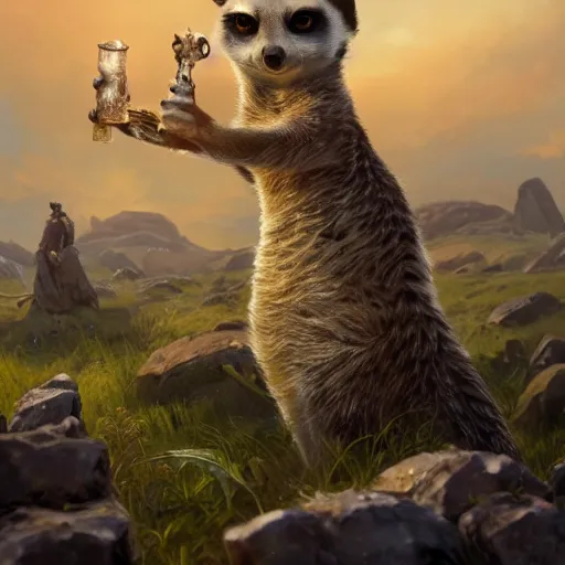 Prompt: Meercat, Anthropomorphized, casting epic spell, magic the gathering artwork, D&D, fantasy, cinematic lighting, centered, symmetrical, highly detailed, digital painting, artstation, concept art, smooth, sharp focus, illustration, volumetric lighting, epic Composition, 8k, art by Akihiko Yoshida and Greg Rutkowski and Craig Mullins, heroic pose, oil painting, cgsociety, magic lab background