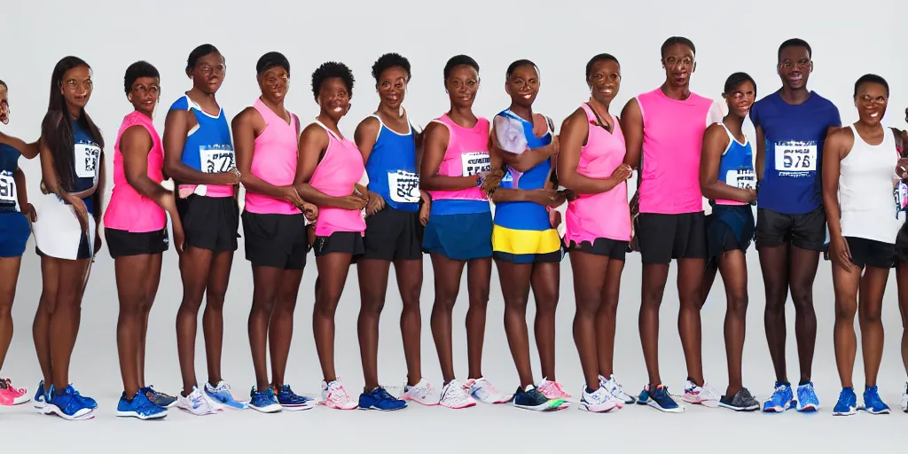 Prompt: Studio Photograph of starting line of many diverse marathon runners. multiple skintones. Frontal. Shot on 30mm Lens. Advertising Campaign. Wide shot. Fashion Studio lighting. White background.