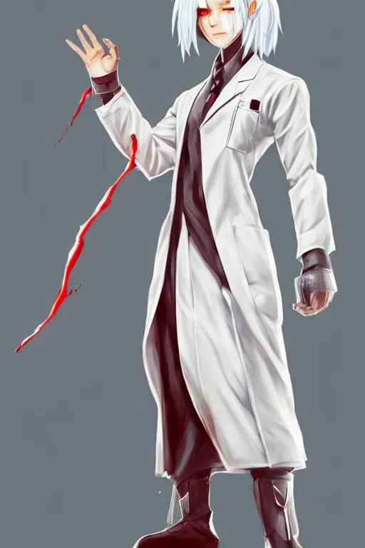 Prompt: technocratic overlord, full body white lab coat, hero, character concept art, costume design, red eyes, hairstyle inspired by Senku, trending on artstation, Artgerm, WLOP