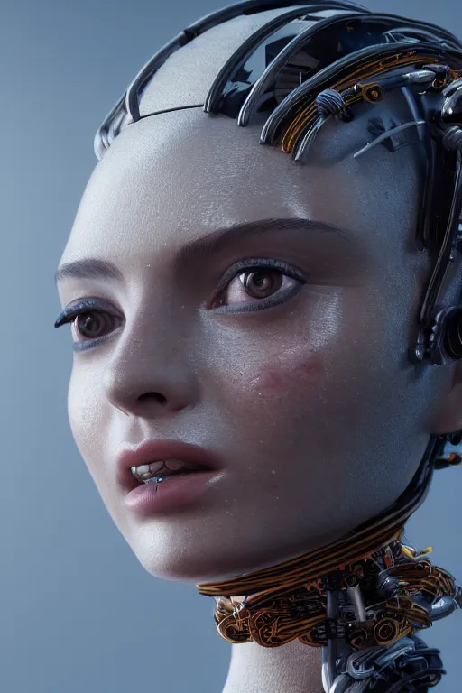 Image similar to close up headshot of a female android, intricately detailed mechanical parts, complicated circuits and wires, unreal engine, path tracing, 8k, artstation