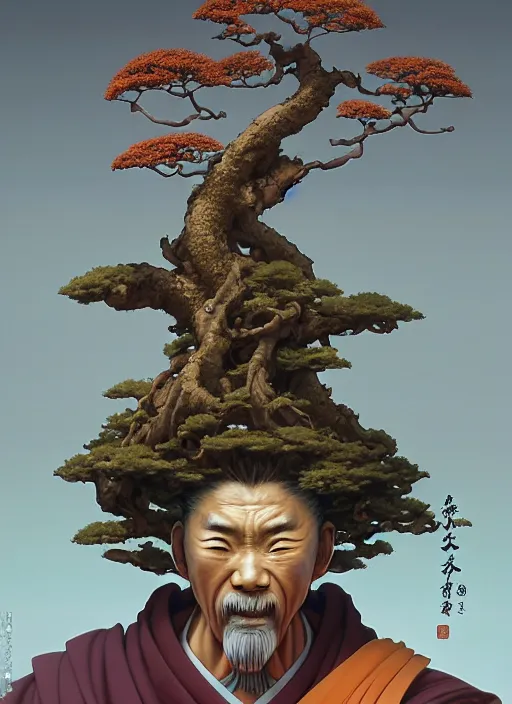 Image similar to shinto monk with a bonsai growing out of his head, intricate, rim light, octane render, by jesper ejsing, james jean, justin gerard, tomasz alen kopera, cgsociety and fenghua zhong, highly detailed, art, cinematic lighting, very coherent, hyper realism, high detail, 8 k