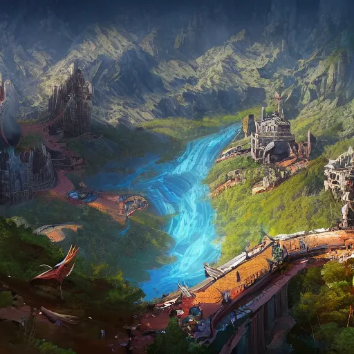 Image similar to a birds eye view overlooking an ancient fantasy city surrounded by mountains and trees of greens and browns, rivers and lakes((but the cities been corrupted by a dark evil)) by Jordan Grimmer, Asher Brown Durand and Ryan Dening, 8k, artstation, beautiful color pallette